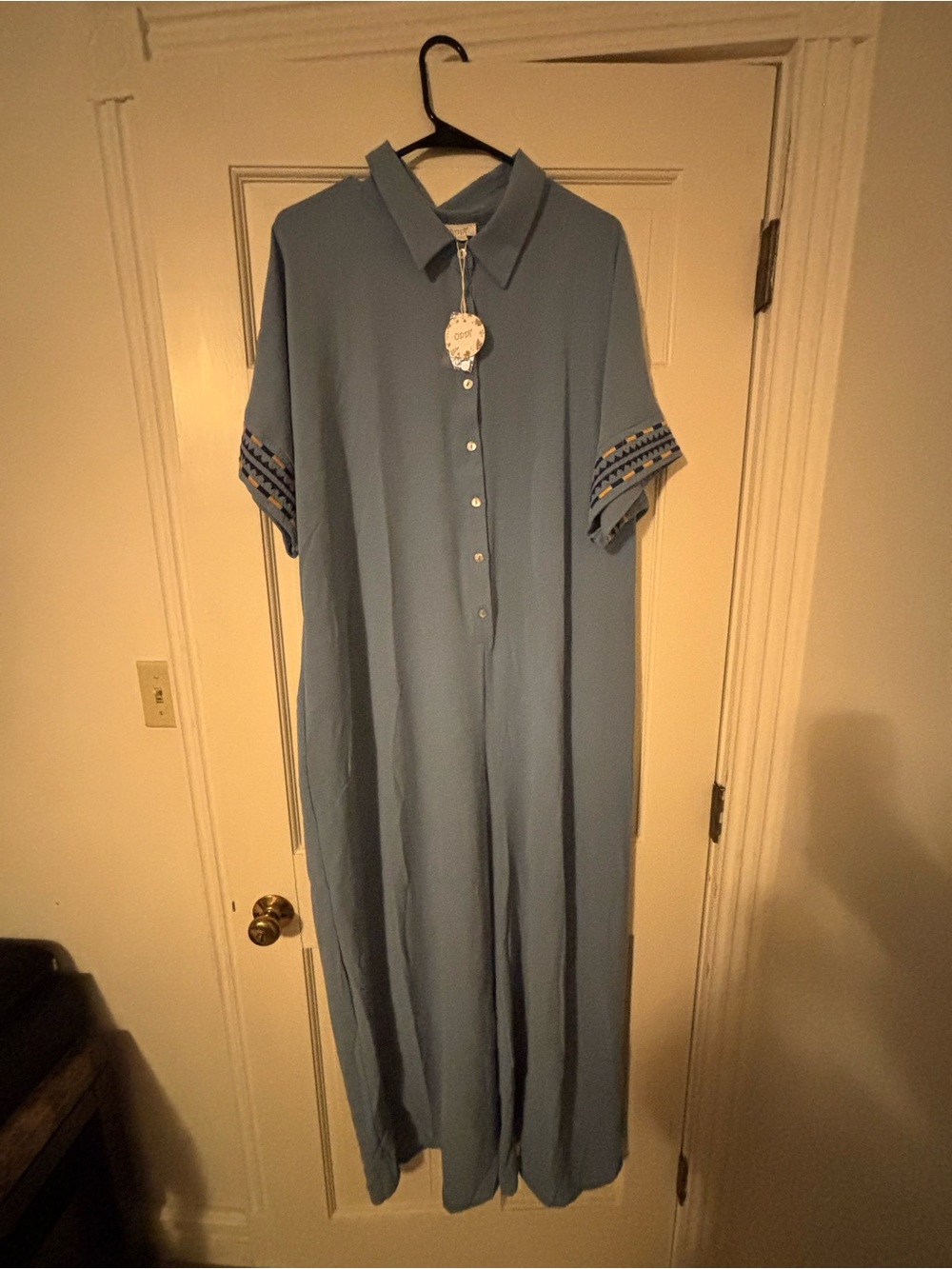 ODDY Pale Blue Button-Front Maxi Jumpsuit with Embroidered Sleeves